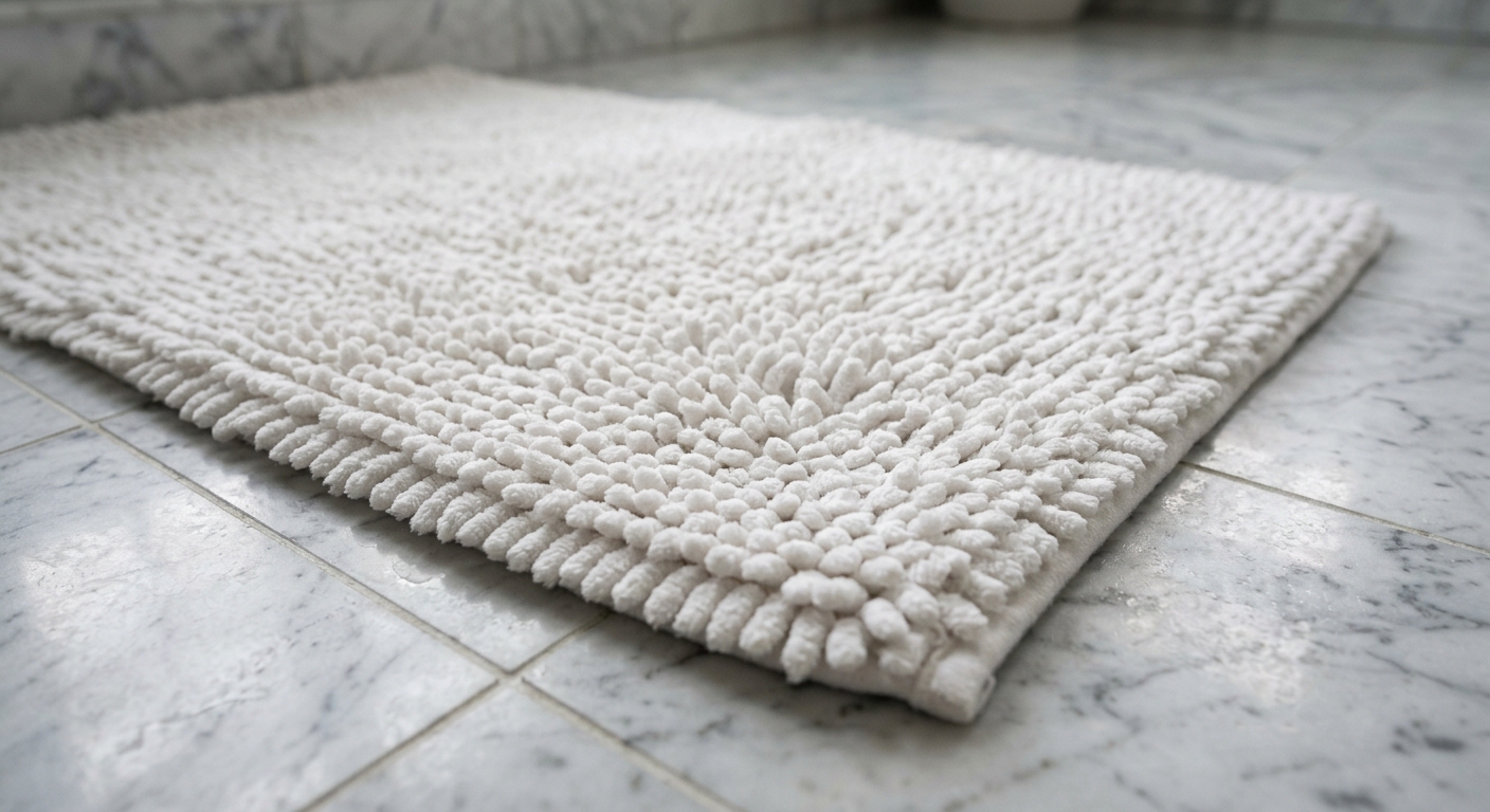 Close-up of a thick white cotton bath mat with visible loop-pile texture on a marble bathroom floor, soft natural lighting, no people or text