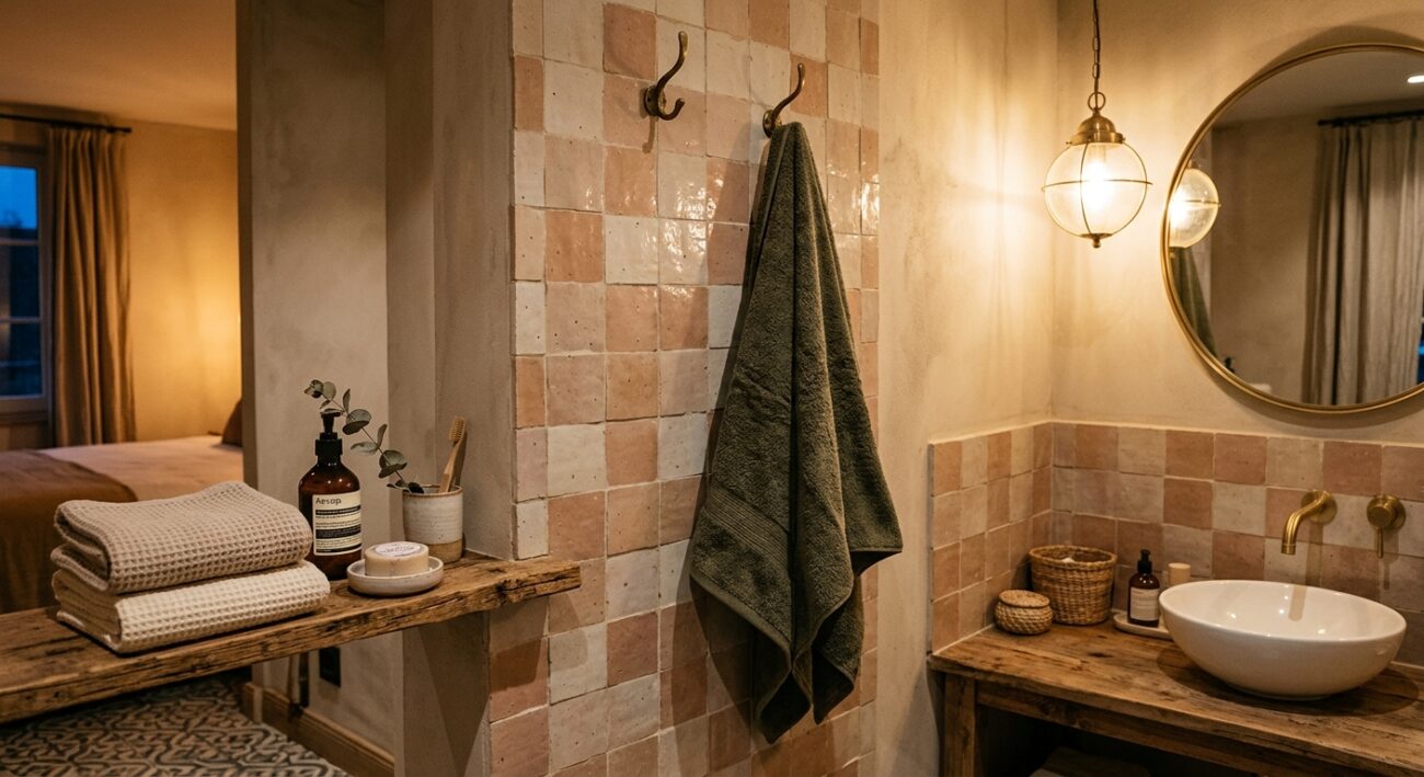 Boutique Hotel Towel Sets: Curating a Premium Guest Bathroom Experience 2 Small boutique hotel room bathroom corner with a single hanging bath towel and neatly folded face towels, warm intimate lighting, design-focused composition
