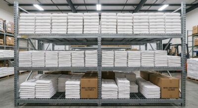 Warehouse shelf stacked with plain white commercial bath towels and bath mats ready for bulk motel delivery, bright industrial lighting