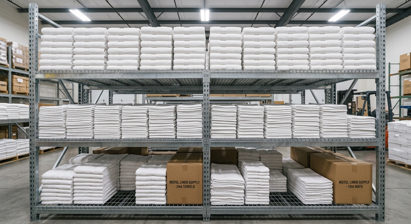 Warehouse shelf stacked with plain white commercial bath towels and bath mats ready for bulk motel delivery, bright industrial lighting