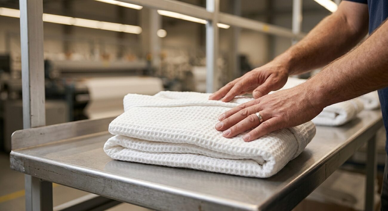 Manufacturer vs Trader: Why Direct-from-UAE Sourcing Matters for Bulk Buyers 1 Close-up of hands inspecting a folded white bathrobe for quality on a factory production line, focused on fabric texture, soft industrial lighting