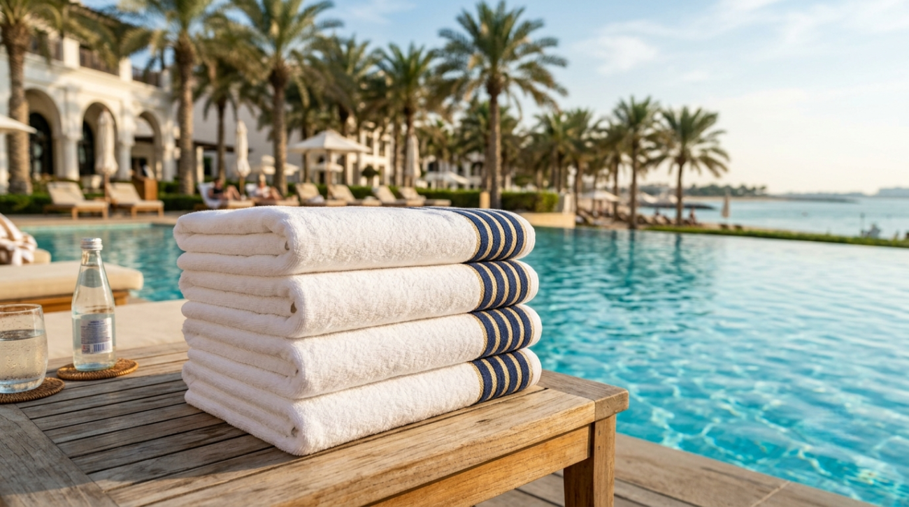Luxury Hotel Pool Towel Supplier for the GCC Region: What to Look For 4 Stack of luxury striped pool towels beside a resort swimming pool in the GCC