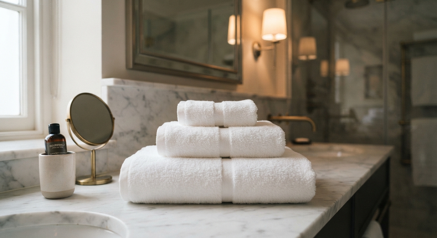 A luxury hotel bathroom scene with a folded white bath towel, a large bath sheet, and a plush bathrobe arranged together on a marble bench, warm soft lighting, cohesive white palette, no text or logos