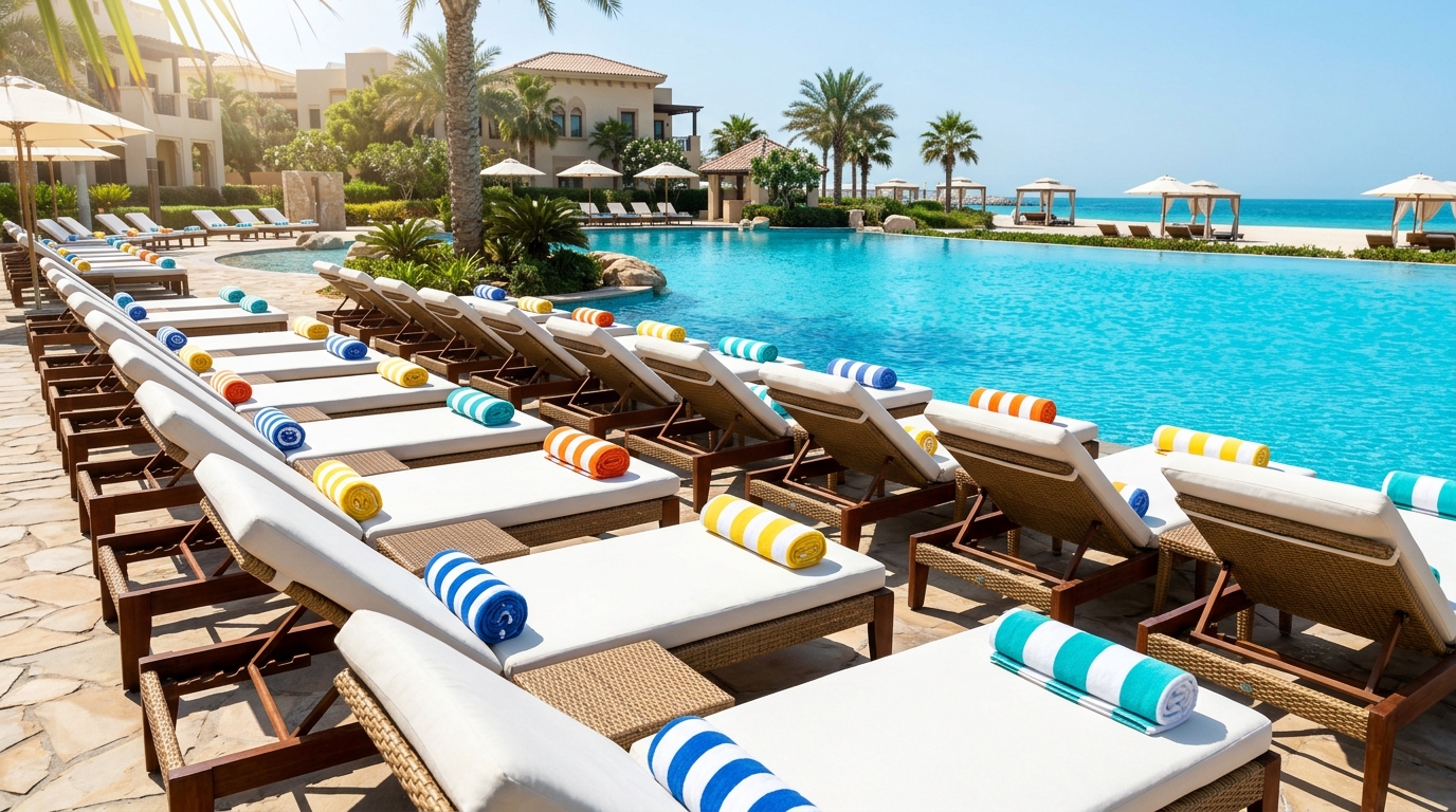Rows of colorful striped pool towels neatly arranged on poolside loungers at a luxury Gulf beach resort, bright sunny day, turquoise pool water in background