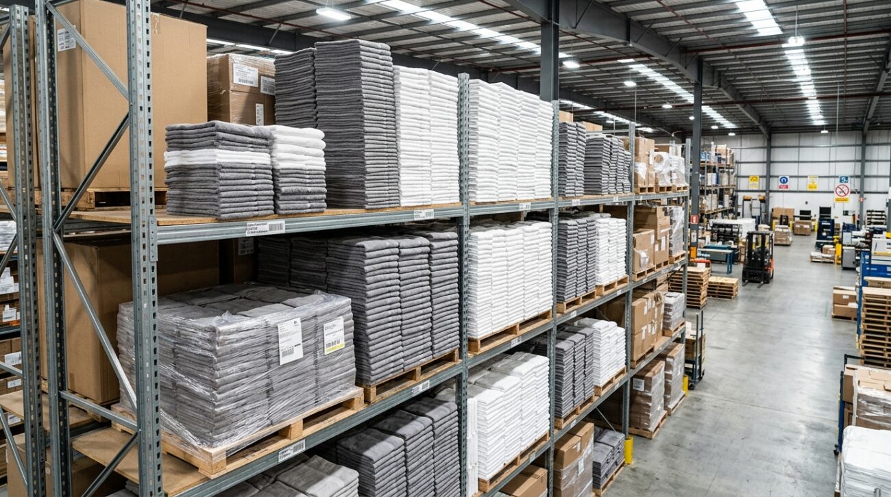 Gyms & Spas: Bulk Towel Supply for Fitness Centers Across the UAE 2 Warehouse shelving stacked with folded grey and white towels prepared for bulk delivery to a fitness center, bright industrial lighting
