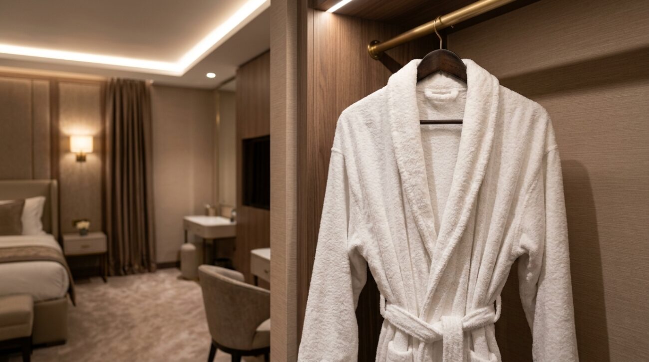 A single plush white terry bathrobe hanging on an elegant wooden hanger in a luxury hotel room, soft warm lighting, high-end interior styling, no text or logos
