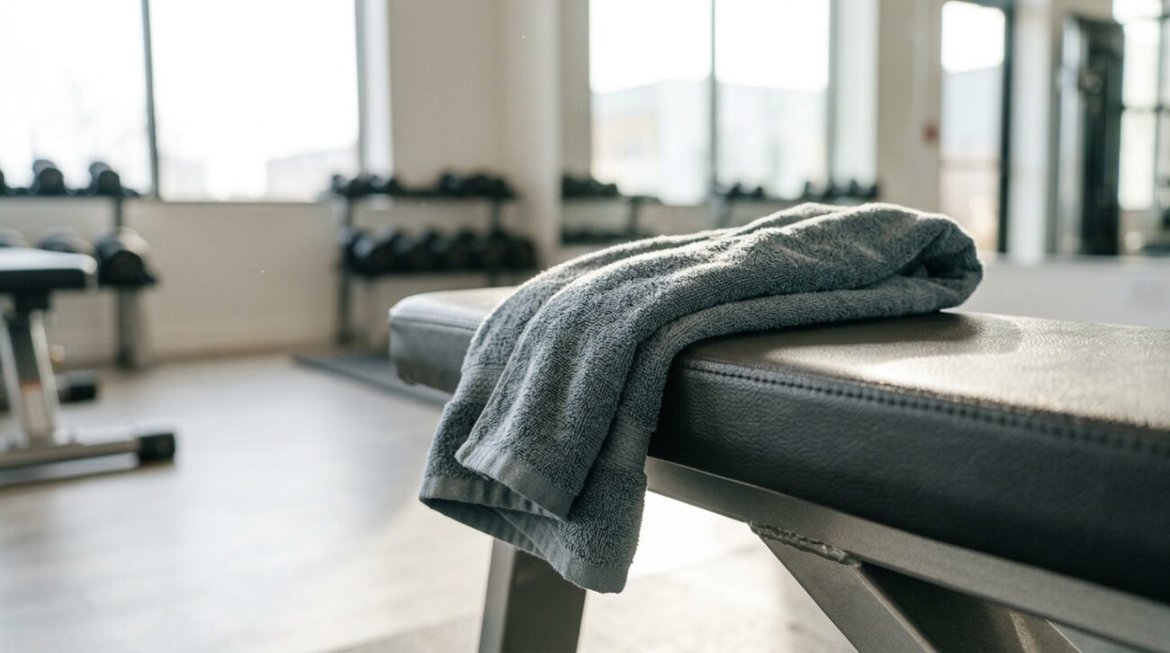 Gyms & Spas: Bulk Towel Supply for Fitness Centers Across the UAE 1 Close-up of a folded mid-tone gym towel draped over a workout bench, clean minimal fitness studio background, natural daylight
