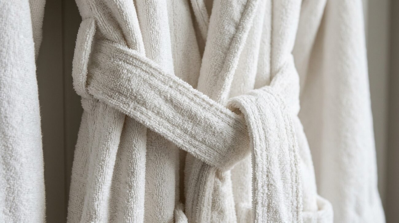 Luxury Hotel Bathrobes: Fabric, Weight & Presentation That Guests Remember 1 Close-up of luxury bathrobe fabric texture showing thick terry loop weave and a substantial belt tie, soft studio lighting, minimal background