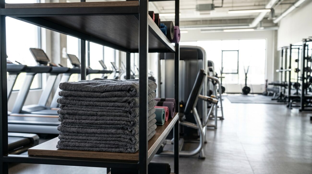 Neat stack of grey gym towels on a shelf beside modern fitness equipment, bright gym interior lighting, no people, no text or logos