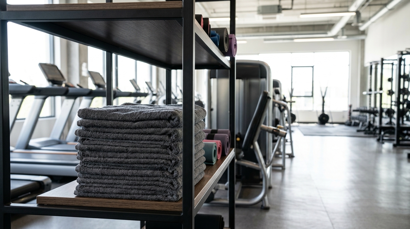 Neat stack of grey gym towels on a shelf beside modern fitness equipment, bright gym interior lighting, no people, no text or logos