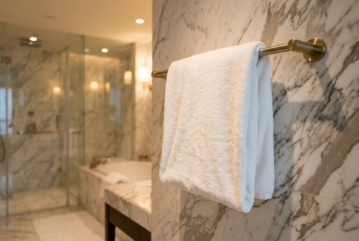 A single large white bath sheet folded neatly and draped over a luxury hotel towel rack, spacious marble bathroom, warm ambient lighting, no text or logos