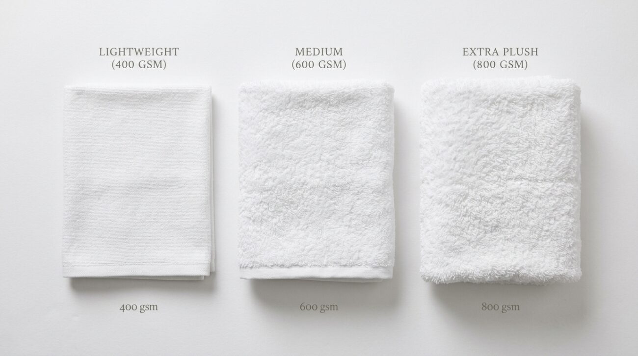 Flat-lay comparison of three folded bath towels of different thicknesses (GSM levels) side by side, labeled subtly by texture, clean white background, editorial product photography style
