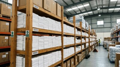 Neatly stacked rows of small white hotel face towels on wooden warehouse shelving, wholesale distribution setting, bright even lighting, UAE textile warehouse aesthetic