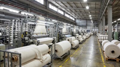 Interior of a textile manufacturing facility with rolls of white cotton fabric and industrial weaving equipment, bright factory lighting, no visible people's faces, no text or logos