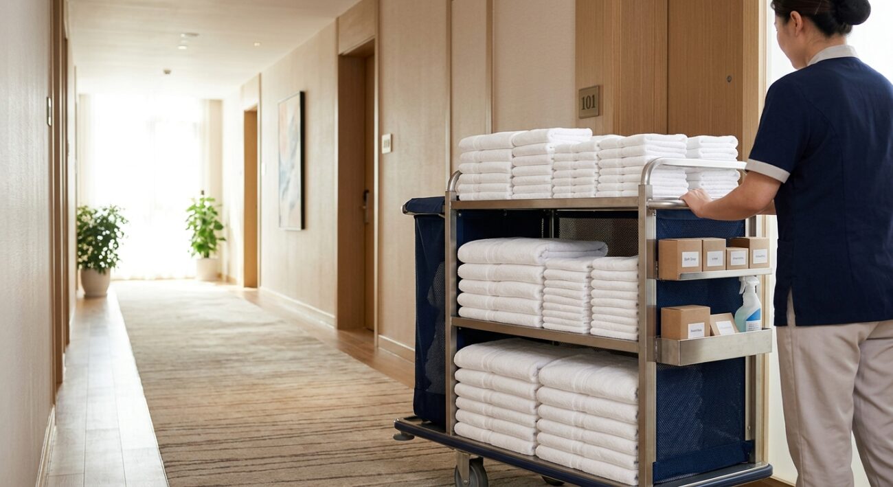 Hotel housekeeping linen trolley stacked with neatly folded white bath towels, hand towels and face towels in a bright hotel corridor