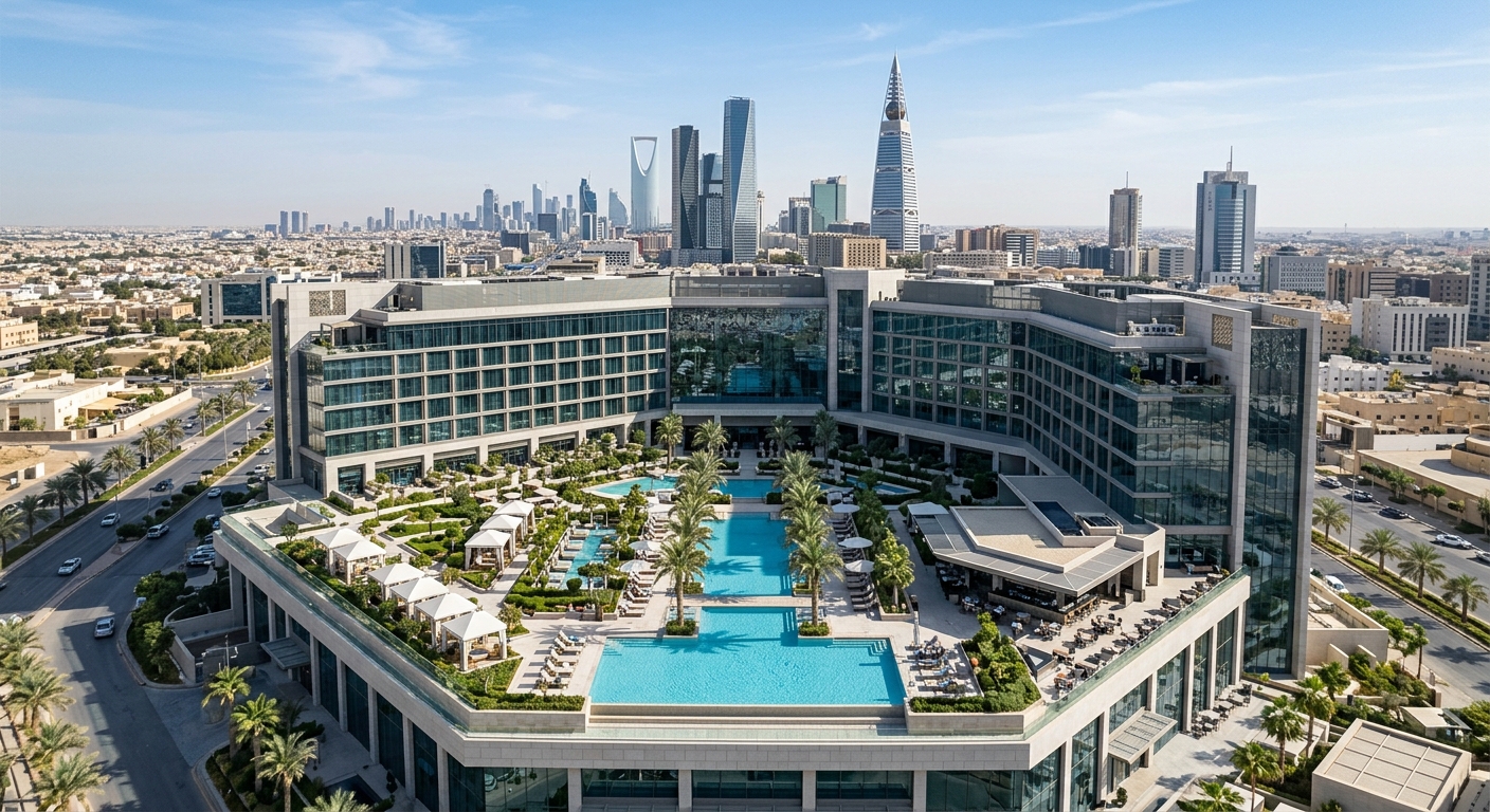 “Aerial view of a modern luxury hotel in Riyadh Saudi Arabia with a stunning pool area and city skyline in the background, bright daytime photography, no people’s faces, no text or logos, high-end hospitality real estate style