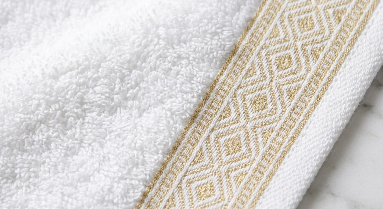 Extreme close-up flat lay of white terry cloth towel fabric showing the textural contrast between the fluffy looped pile body and a smooth woven dobby stripe border pattern at the towel edge, natural soft lighting, sharp fabric detail, no text, no people, no logos