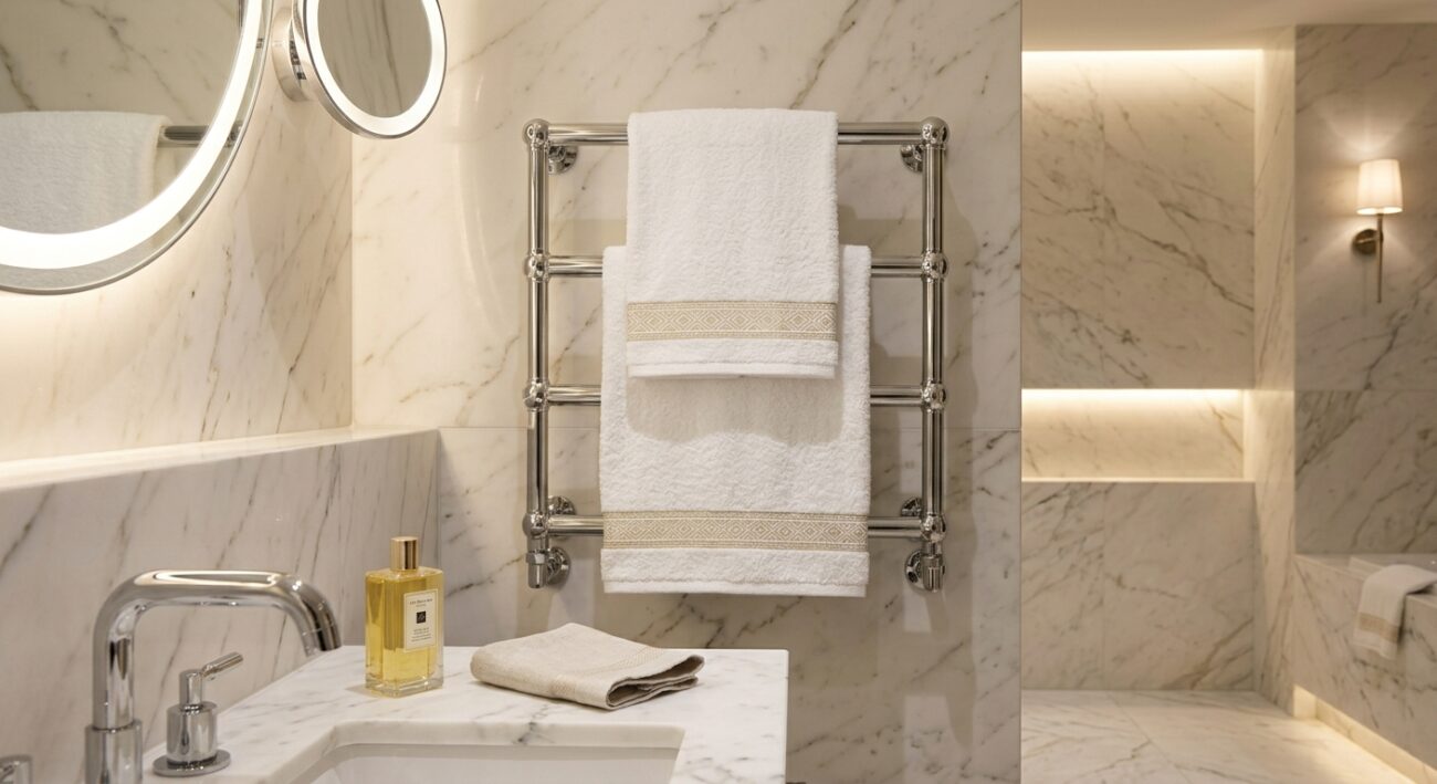 Hotel Bathroom Presentation “Luxury hotel bathroom with two perfectly folded white bath towels